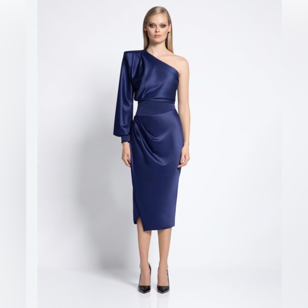 NWT Zhivago One-Shoulder Midnight Blue Satin Midi Dress